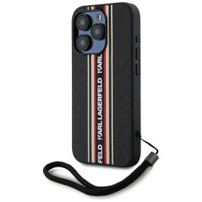   Karl Lagerfeld Saffiano Athleisure Stripes Cord iPhone 15 Pro Max hátlap tok csuklópánttal, fekete-piros