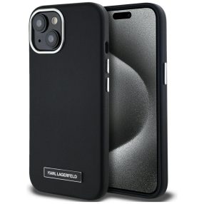   Karl Lagerfeld FW Metal Plate iPhone 15 hátlap tok kameravédelemmel, MagSafe, fekete-ezüst