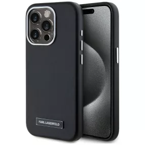   Karl Lagerfeld FW Metal Plate iPhone 15 Pro hátlap tok kameravédelemmel, MagSafe, fekete-ezüst
