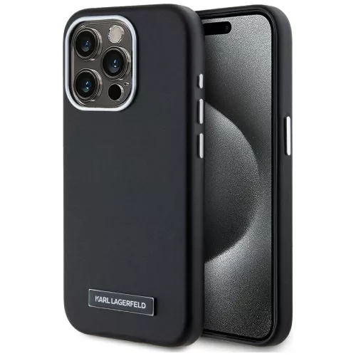 Karl Lagerfeld FW Metal Plate iPhone 15 Pro hátlap tok kameravédelemmel, MagSafe, fekete-ezüst