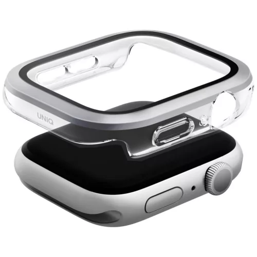 Uniq Voute Apple Watch 11 / Watch 10 46mm műanyag tok, tempered glass kijelzővédő üvegfóliával, ezüst