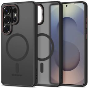   Tech-Protect Magcam Samsung Galaxy S26 Ultra hátlap tok, MagSafe, áttetsző-fekete (piros)