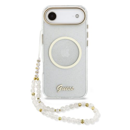Guess IML Glitter Script Strap Apple iPhone Air (2025) csillámos hátlap tok karpánttal, MagSafe, átlátszó-arany
