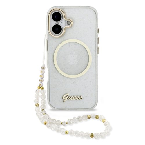 Guess IML Glitter Script Strap Apple iPhone 17 csillámos hátlap tok karpánttal, MagSafe, átlátszó-arany