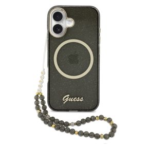   Guess IML Glitter Script Strap Apple iPhone 17 csillámos hátlap tok karpánttal, MagSafe, fekete-arany
