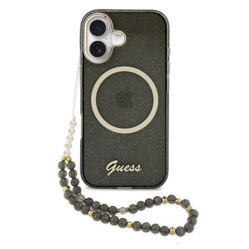 Guess IML Glitter Script Strap Apple iPhone 17 csillámos hátlap tok karpánttal, MagSafe, fekete-arany