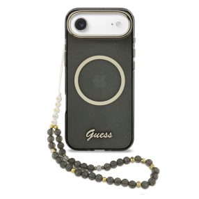   Guess IML Glitter Script Strap Apple iPhone Air (2025) csillámos hátlap tok karpánttal, MagSafe, fekete-arany