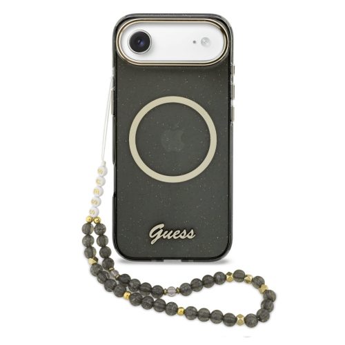 Guess IML Glitter Script Strap Apple iPhone Air (2025) csillámos hátlap tok karpánttal, MagSafe, fekete-arany